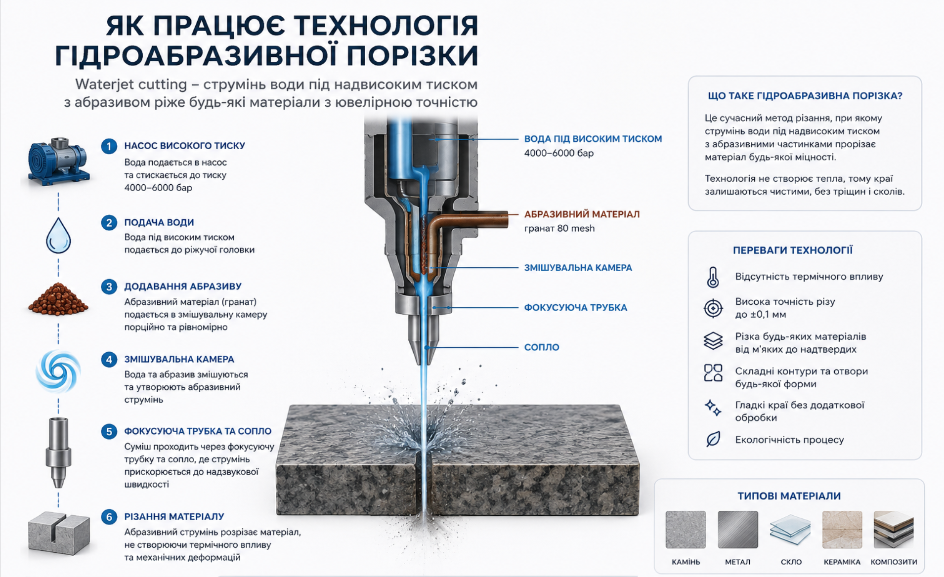 Схема роботи гідроабразивної різки Схема роботи гідроабразивної різки: насос високого тиску, подача води, додавання абразиву, змішувальна камера, фокусуюча трубка, сопло та різання матеріалу
